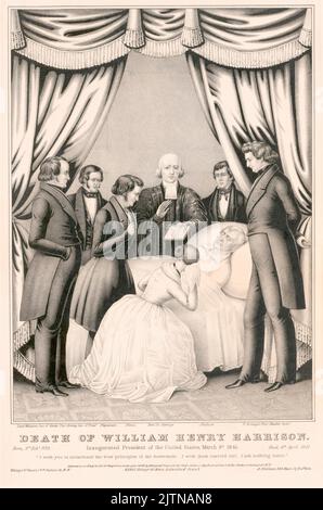 Une gravure de la mort de William Henry Harrison 9th Président des États-Unis. Il est décédé subitement après seulement 31 jours au pouvoir, ce qui en fait le président le plus court de toute l’histoire des États-Unis. On croyait qu'il était mort d'une pneumonie à cause du froid à son investiture, mais des études récentes suggèrent qu'il est mort de la typhoïde après avoir bu de l'eau infectée. Banque D'Images