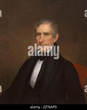 Un portrait de William Harrison, président des États-Unis en 9th. Il est décédé subitement après seulement 31 jours au pouvoir, ce qui en fait le président le plus court de toute l’histoire des États-Unis. On croyait qu'il était mort d'une pneumonie à cause du froid à son investiture, mais des études récentes suggèrent qu'il est mort de la typhoïde après avoir bu de l'eau infectée. Peinture par Albert Gallatin Hait, 1840 Banque D'Images