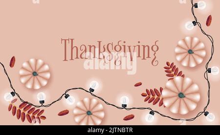 Bonne bannière de Thanksgiving avec vue du dessus 3D citrouilles et guirlande. Illustration vectorielle de style réaliste Illustration de Vecteur