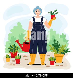 Caractère de jardinage à la maison. Femme blanche âgée tenant pot de fleur. Jardinier heureux avec arroser peut parmi les plantes en pot. Illustration de style plat. Urbain Illustration de Vecteur