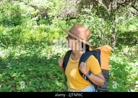 La femme afro-américaine jouit de la liberté dans la forêt Banque D'Images