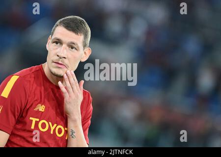 Foto Alfredo Falcone/Lapresse 30 Agosto 2022 - Roma, Italia - sport, calcio - Roma vs Monza - Campionato italiano di calcio Serie A TIM 2022/2023 - Stadio Olimpico. Nella foto: Andrea Belotti de AS Roma Foto Alfredo Falcone/Lapresse 30 août 2022 Rome, Italie - sport, calcio - Roma vs Monza - Championnat italien de football 2022/2023 - Stade Olimpic. Dans la photo: Andrea Belotti de AS Roma Banque D'Images