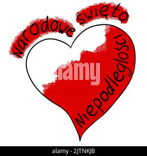 Illustration dessinée à la main avec un drapeau blanc polonais en forme de coeur et des mots du jour de l'indépendance nationale en polonais. Pays état officiel des fêtes bannière amour nation, slogan politique design Banque D'Images