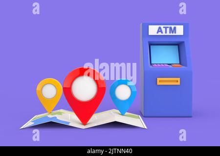 Concept de technologie d'entreprise. Machine de dépôt ATM de style cartoon bleu et carte de navigation abstraite pliée avec trois épingles de pointeur de carte cible sur un violet Banque D'Images