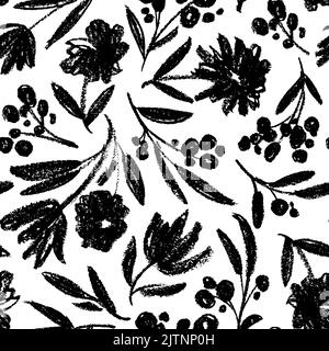 Motif sans couture avec fleurs et branches au charbon de bois Illustration de Vecteur