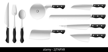 Collection ensemble d'ustensiles de cuisine couteau couteau à pizza cuillère fourchette Illustration de Vecteur