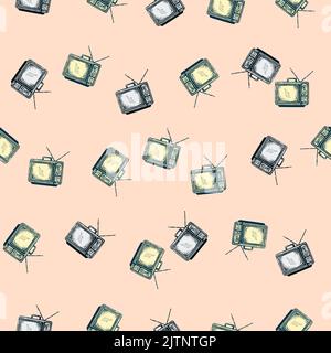 Téléviseur rétro avec antenne gravée sans couture. Téléviseur vintage de style dessiné à la main. Texture d'esquisse pour tissu, papier peint, textile, imprimé, titre, Illustration de Vecteur