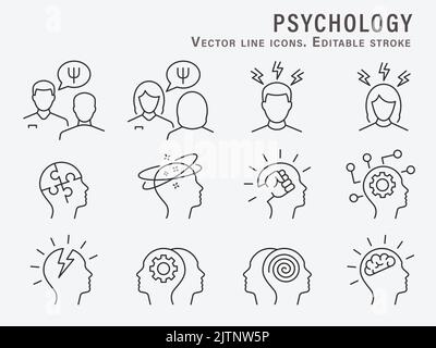 Icônes de psychologie, comme le médecin, l'esprit, le psychologue, la dépression et plus encore. Contour modifiable. Illustration vectorielle. Illustration de Vecteur