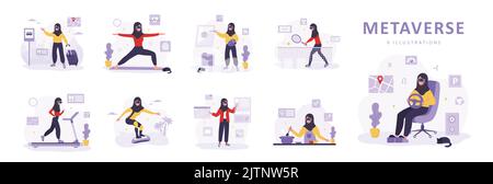 Concept métaverse. Femmes arabes dans les casques VR travaillant, faisant du sport et de la peinture. Simulateur de jeu vidéo. Divertissement technologique moderne. Ensemble de Illustration de Vecteur