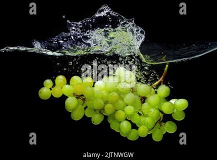 Bouquet de raisins blancs tombés dans l'eau avec des éclaboussures isolées sur fond noir. Banque D'Images