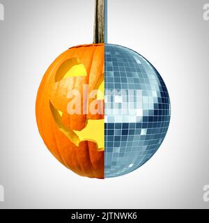 Halloween Party Symbol comme un Jack-O-Lantern et une boule disco ont fusionné comme une danse d'automne et une célébration d'automne pour célébrer la saison de Thanksgiving Banque D'Images