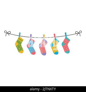 Chaussettes de couleur pour enfants accrochées à une corde, illustration vectorielle isolée. Illustration de Vecteur