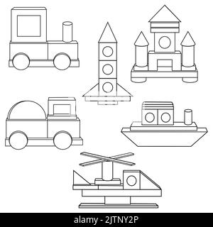 Construction de transport à partir de cubes en bois, contour noir, coloration, vecteur isolé illustration de style plat. Illustration de Vecteur