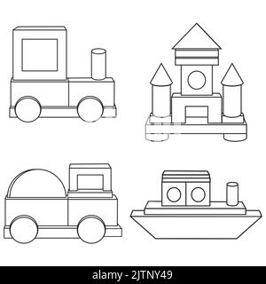 Construction de transport à partir de cubes en bois, contour noir, coloration, vecteur isolé illustration de style plat. Illustration de Vecteur