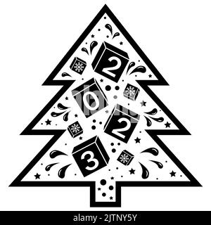 Arbre de Noël avec 2023 et motif, illustration vectorielle modèle noir. Illustration de Vecteur