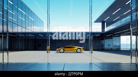 Voiture de sport électrique garée au centre d'un bâtiment moderne en façade de verre. Rendu réaliste 3D Banque D'Images