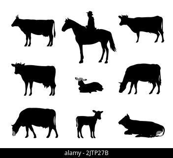 Ensemble de berger saisit les vaches dans le pâturage. Silhouette de l'image. Animaux de la ferme. Animaux pour le lait et les produits laitiers. Isolé sur fond blanc. Vecteur. Illustration de Vecteur