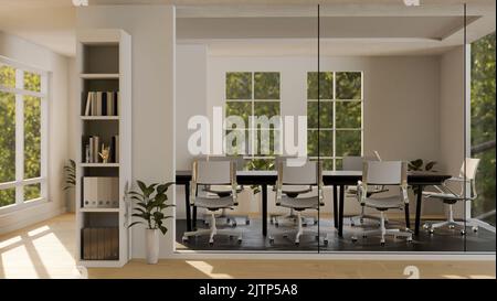 Décoration intérieure moderne et minimaliste dans un bâtiment blanc. Salle de réunion moderne au mur de verre. salle de conférence, salle de conseil ou méétine Banque D'Images