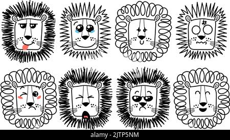 Émoticônes de Lion mignonnes et isolées. Ensemble mignon d'animaux vectoriels avec des émotions. Dessin animé félin, lion pour l'impression, enfants et développement de vecteur de bébé Illustration de Vecteur