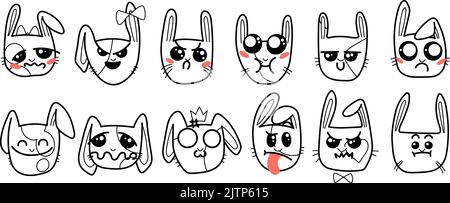 Lapins Kawai mignons. Les différentes expressions muzzles lapins dans le style Doodle. En colère, joyeux, joyeux, heureux, malade, amour, méfiant, ludique, riant ka Illustration de Vecteur