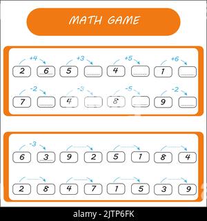 Mathématiques jeu éducatif pour les enfants. Complétez la ligne, inscrivez les numéros manquants. Résoudre l'équation. Activité mathématique pour les enfants d'âge préscolaire et les tout-petits Banque D'Images