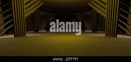 Minimal scifi futuriste entrepôt Hangar Spaceship réaliste salle d'exposition acier cadre métallique Corridor tunnel Dark Underground Basement scifi Digital Brown Banque D'Images