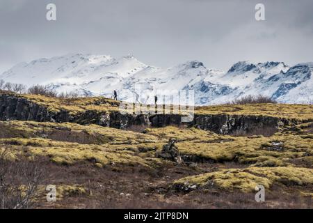 Trois randonneurs traversent le paysage du parc national de Thingvellir sur fond de montagnes enneigées. Banque D'Images