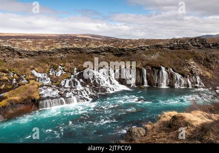 Hraunfossar, chutes d'eau s'écoulant sur un champ de lave, près de Húsafell, dans l'ouest de l'Islande. Banque D'Images