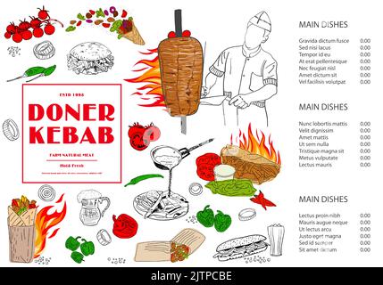 Illustration vectorielle dessinée à la main. La cuisson au shawarma et les ingrédients pour le kebab. Un kebab est dessiné à la main. Éléments de conception de menu de restauration rapide. Restaurant café moi Illustration de Vecteur