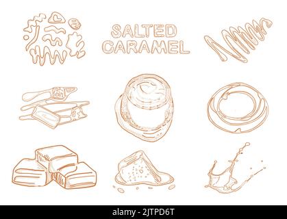 Produits caramel. Cadre de vue de dessus. Illustration dessinée à la main. Des morceaux de modèle caramel. Design gravé. Idéal pour la conception des emballages. Vecteur illust Illustration de Vecteur