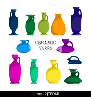 Ensemble de vases en céramique colorés. Ancien grec, jarre romaine avec deux poignées et un col étroit. Amphore vintage, trophée, pots, bouteilles, tasses isolées sur merge Illustration de Vecteur