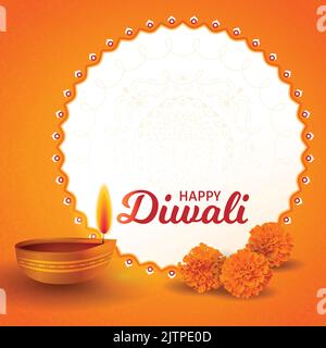 Fond de décor traditionnel de la Puja Happy Diwali avec des fleurs de Diya et de marigold. Illustration réaliste du vecteur du festival hindou de l'affiche Mandala. Texte Illustration de Vecteur