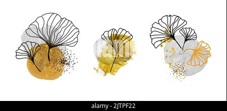 Décoration florale de luxe art déco. Motif naturel. Peinture moderne abstrait cercle aquarelle formes avec des feuilles noires, acryli moderne Illustration de Vecteur