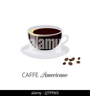 Caffe americano avec grains de café isolés sur fond blanc. Café noir de style caricature. Parfait pour les affiches et le menu. Illustration vectorielle. Illustration de Vecteur