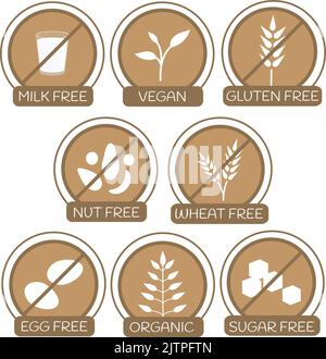 Ensemble d'icônes pour les produits sans allergènes. Sans lait, sans gluten, sans noix, sans blé, sans œufs, sans sucre. Icônes bio et végétalienne. Peut également être utilisé Illustration de Vecteur