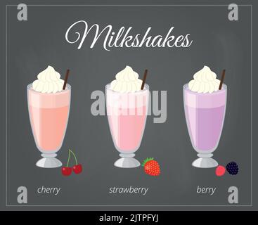 Milk-Shakes de dessin animé en verre sur fond de tableau noir. Saveur de milkshake aux cerises, aux fraises et aux baies. Illustration de Vecteur