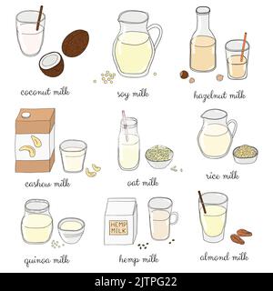 Lait vegan coloré dessiné à la main isolé sur fond blanc. Noix de coco, soja, noisette, noix de cajou, avoine, riz, quinoa, chanvre, lait d'amande. Sans lactose b Illustration de Vecteur