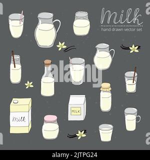 Lait de couleur tiré à la main dans différents emballages sur le tableau noir. Illustration de Vecteur