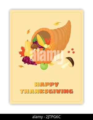 Carte de vœux de Thanksgiving avec cornucopia complète dans le style de dessin animé isolé sur fond blanc. Illustration de Vecteur