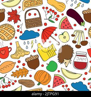 Motif coloré sans couture avec articles d'automne dessinés à la main. Illustration de Vecteur