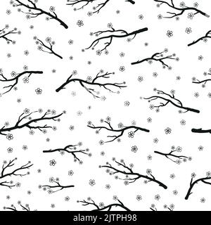 Motif noir et blanc sans couture avec branches en fleurs de sakura ou de cerisier. Illustration de Vecteur