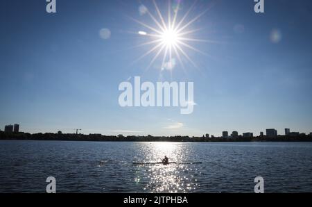 Hambourg, Allemagne. 01st septembre 2022. Un rameur est sur l'Alster sous un soleil éclatant. Credit: Christian Charisius/dpa/Alay Live News Banque D'Images