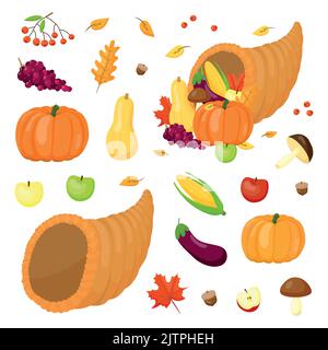 Caricature de cornucopia avec des légumes et des fruits pour la fête de Thanksgiving isolé sur fond de tableau noir. Illustration de Vecteur