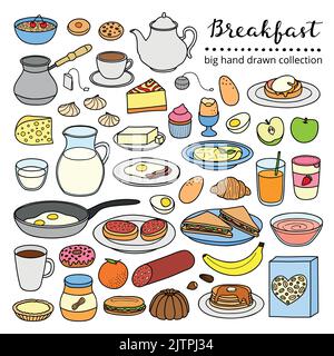 Collection de plats de petit déjeuner buffet dessinés à la main, y compris œufs, crêpes, boissons, fruits, sandwichs, céréales et yaourt isolés sur b blanc Illustration de Vecteur