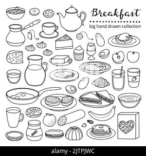 Collection de plats de petit-déjeuner buffet dessinés à la main, y compris œufs, crêpes, boissons, fruits, sandwichs, céréales et yaourt isolés sur Illustration de Vecteur