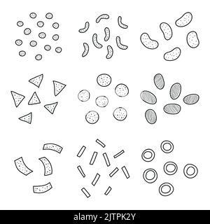 Collection de différents ronds dessinés à la main, nachos, tortillas, rondelles d'oignon et en-cas isolés sur fond blanc. Aliments malsains. Illustration de Vecteur