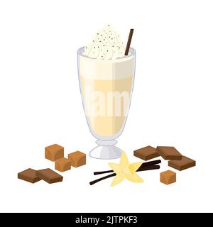 Milk-Shake de dessin animé en verre avec du chocolat, de la vanille, du caramel, isolé sur fond blanc. Parfait pour le menu et les affiches. Illustration de Vecteur