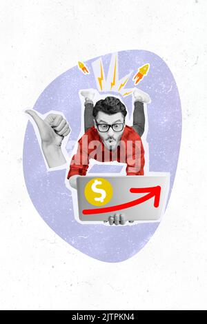 Image créative de magazine rétro 3D d'un homme funky impressionné gagnant beaucoup de crypto argent isolé toile de fond Banque D'Images