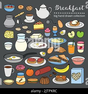 Collection de plats de petit déjeuner buffet dessinés à la main, y compris œufs, crêpes, boissons, fruits, sandwichs, céréales et yaourt isolés sur le chalkbo Illustration de Vecteur