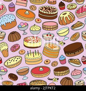 Motif sans couture avec différents gâteaux colorés dessinés à la main. Illustration de Vecteur